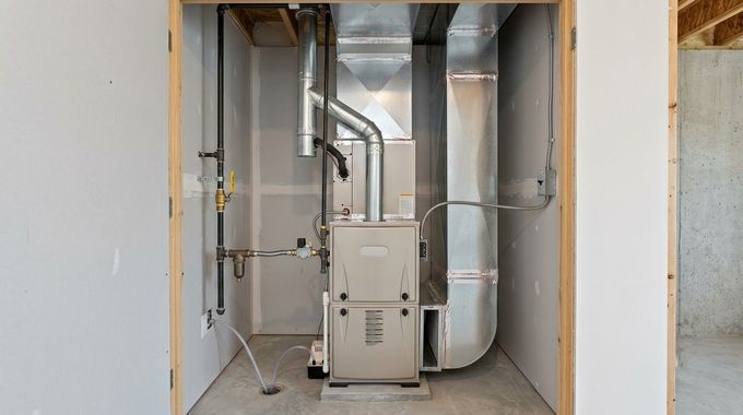 Basement utility room with furnace, ductwork, and exposed framing under construction