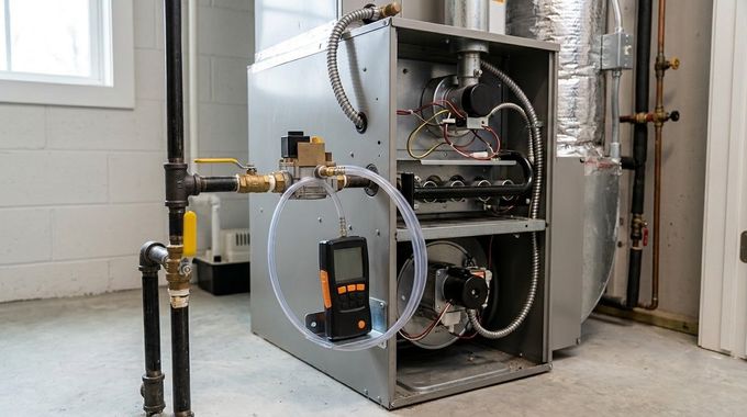Industrial boiler or furnace with exposed pipes and gauges in a utility room