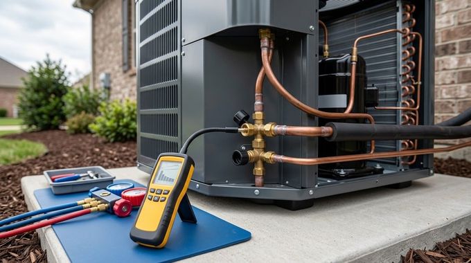 HVAC technician tools beside an outdoor air conditioner, with manifold gauges and a multimeter on a blue mat