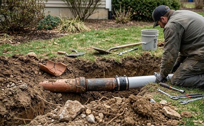 Exposed green and rusted water pipes in a muddy trench during outdoor utility repair.