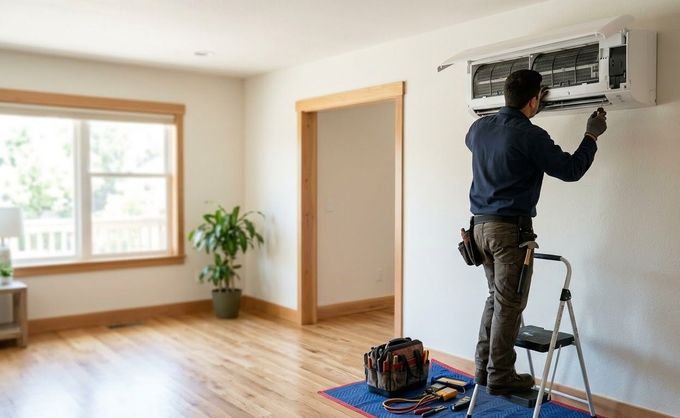 Window air conditioner with a blue towel hanging from it under a white cover