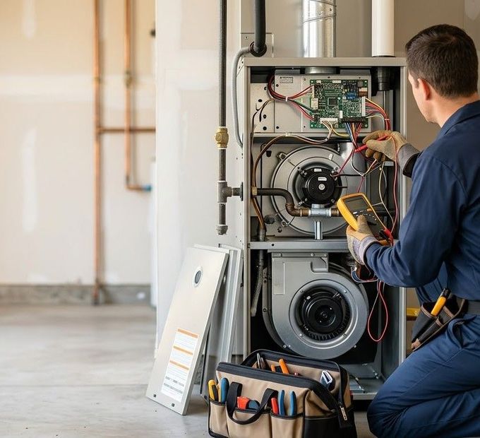 HVAC furnace and wiring with a yellow multimeter on the floor during maintenance
