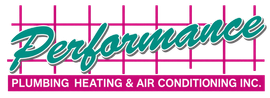 Performance Plumbing Heating & Air Conditioning Inc. logo in teal and magenta with a grid background