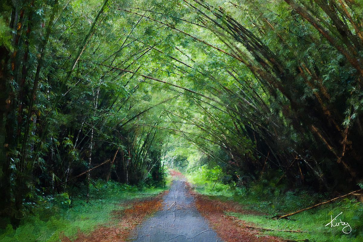 A painting of a road going through a forest.