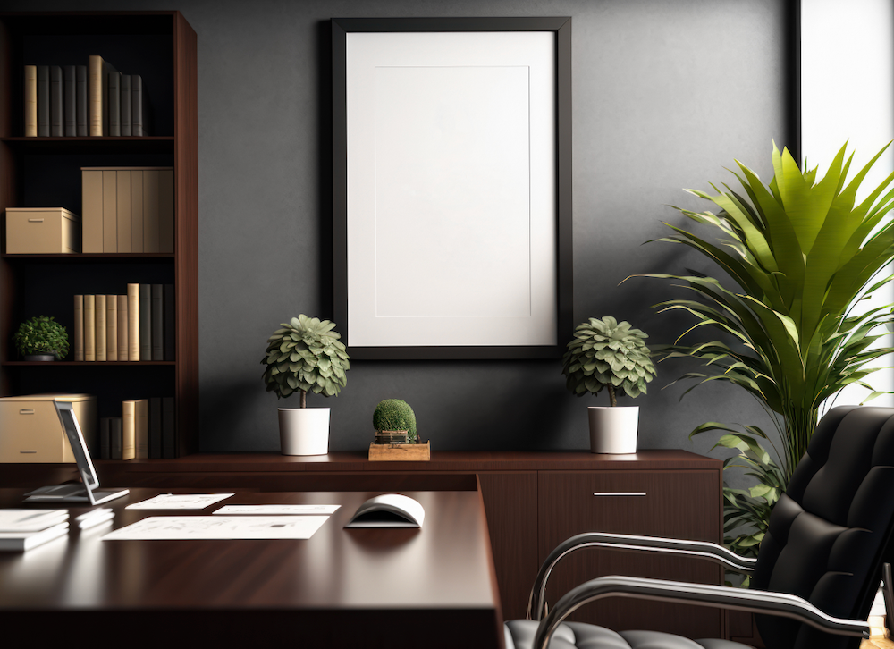 There is a picture frame on the wall above the desk.