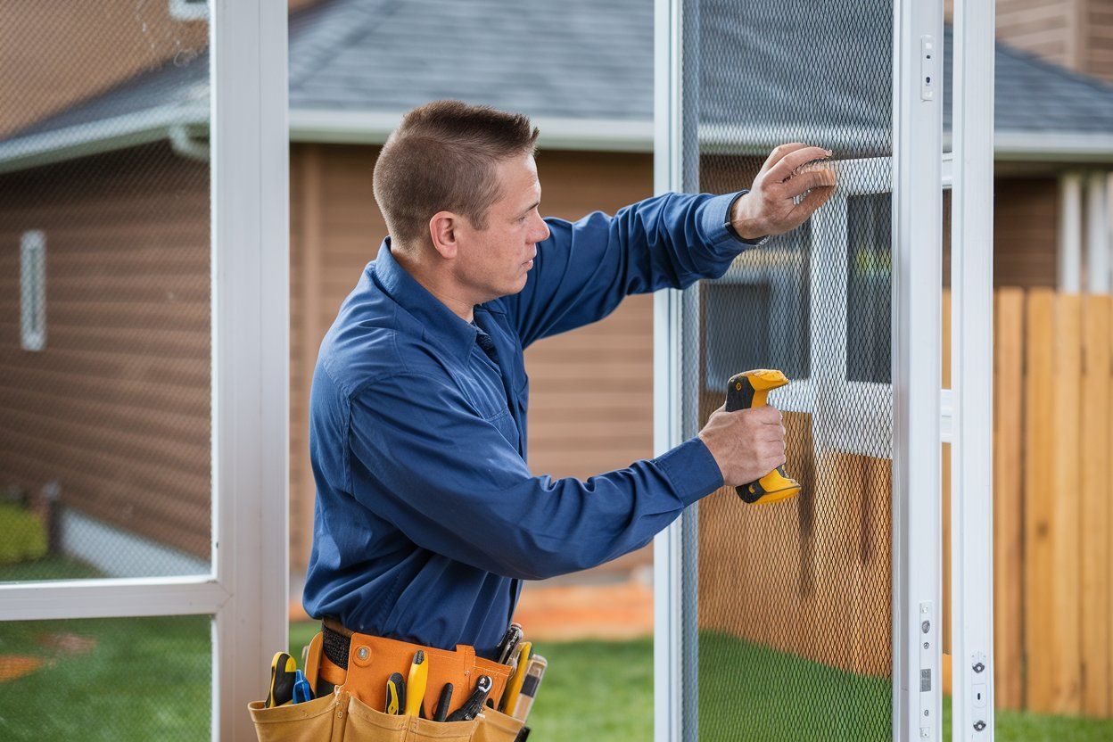 A man is standing on a ladder fixing a window.