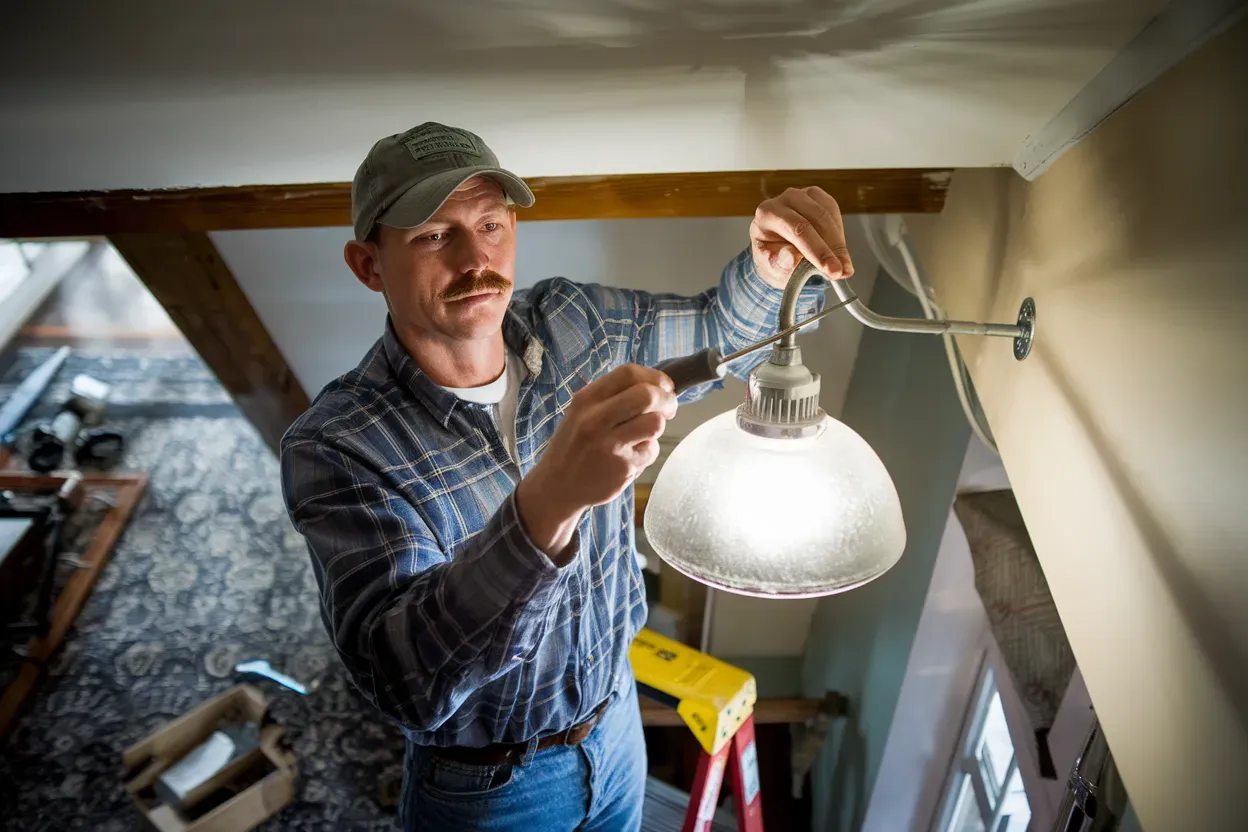 A man is fixing a light fixture on a wall.