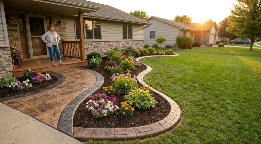 Curved flower bed beside a suburban house at sunset, with a man standing on the front porch.