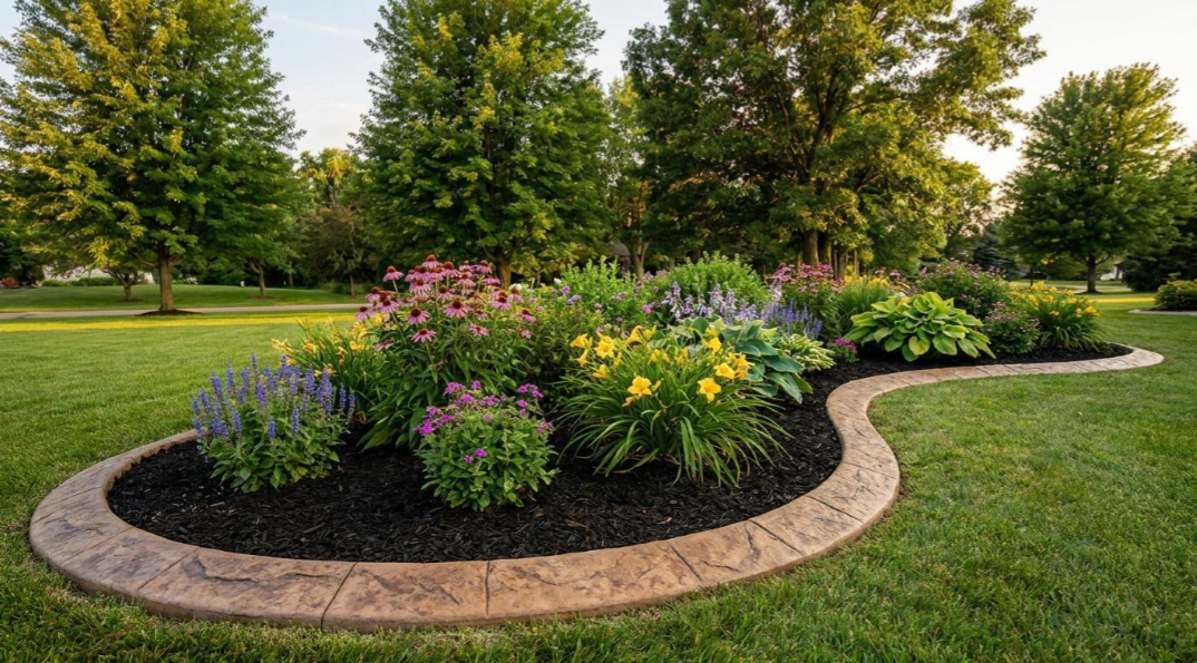 Curved flower bed with colorful shrubs and flowers in a green park lawn