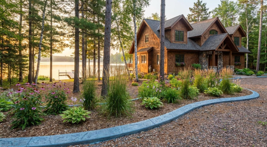 Rustic cabin beside a landscaped garden with flowers and tall pine trees at sunset