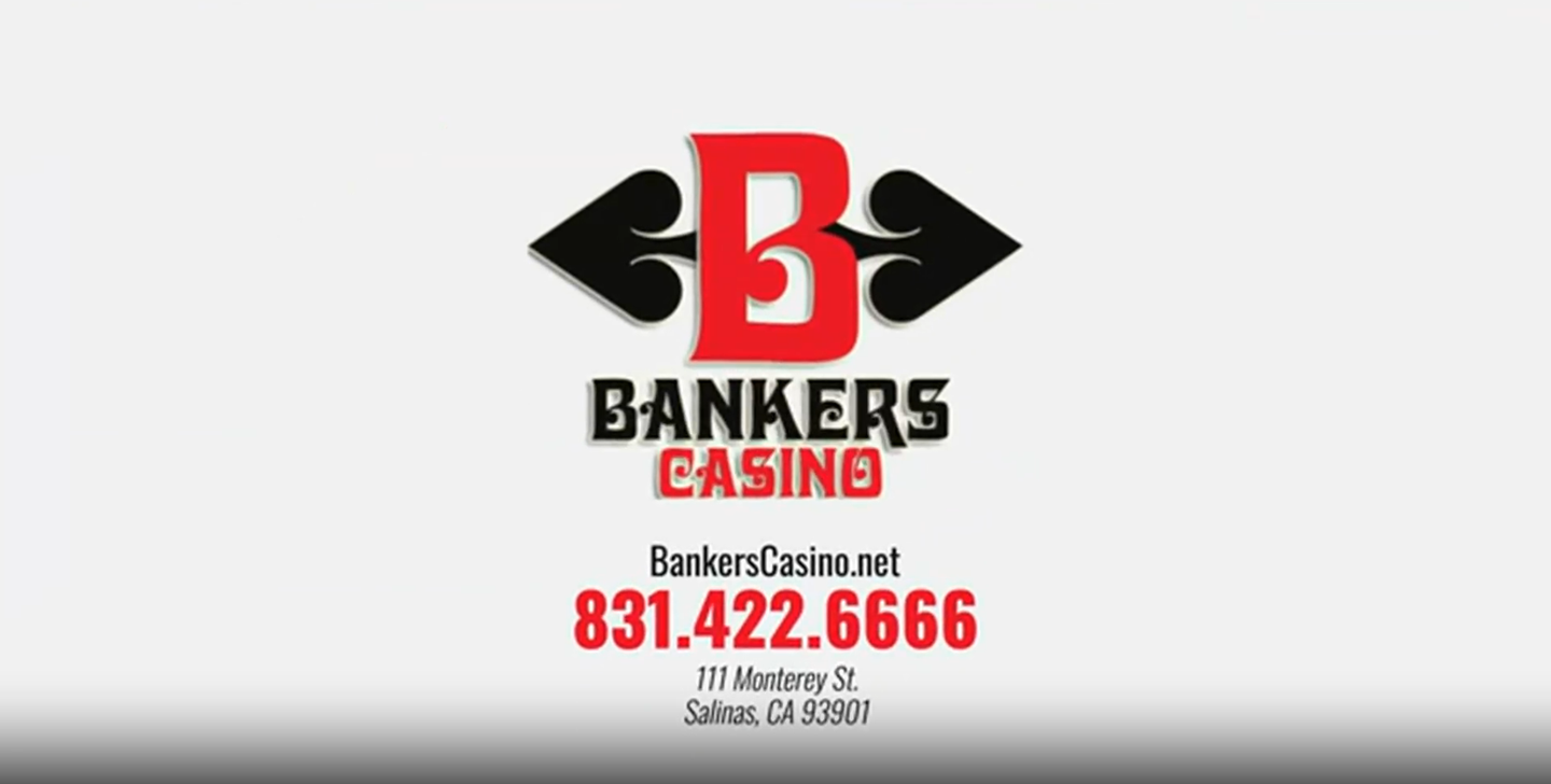 Bankers Casino logo with red “B,” black accents, and contact details on a white background