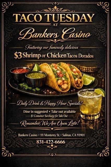 Taco Tuesday flyer for Bankers Casino with shrimp or chicken tacos, margarita, and $3 drink promotion