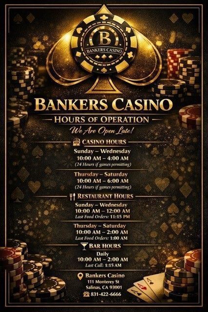 Bankers Casino gold event poster with hours, red dice, poker chips, and cards on a dark background