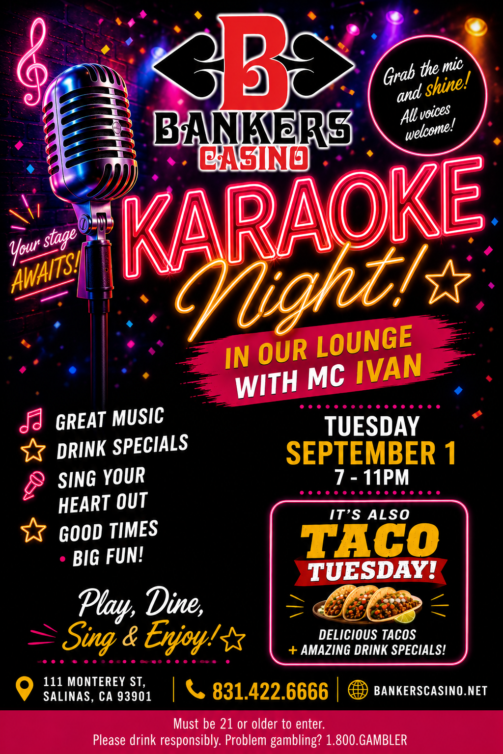 Bankers Casino karaoke night flyer with neon microphone, music notes, Tuesday Sept. 1, 7–11 PM, Taco Tuesday.
