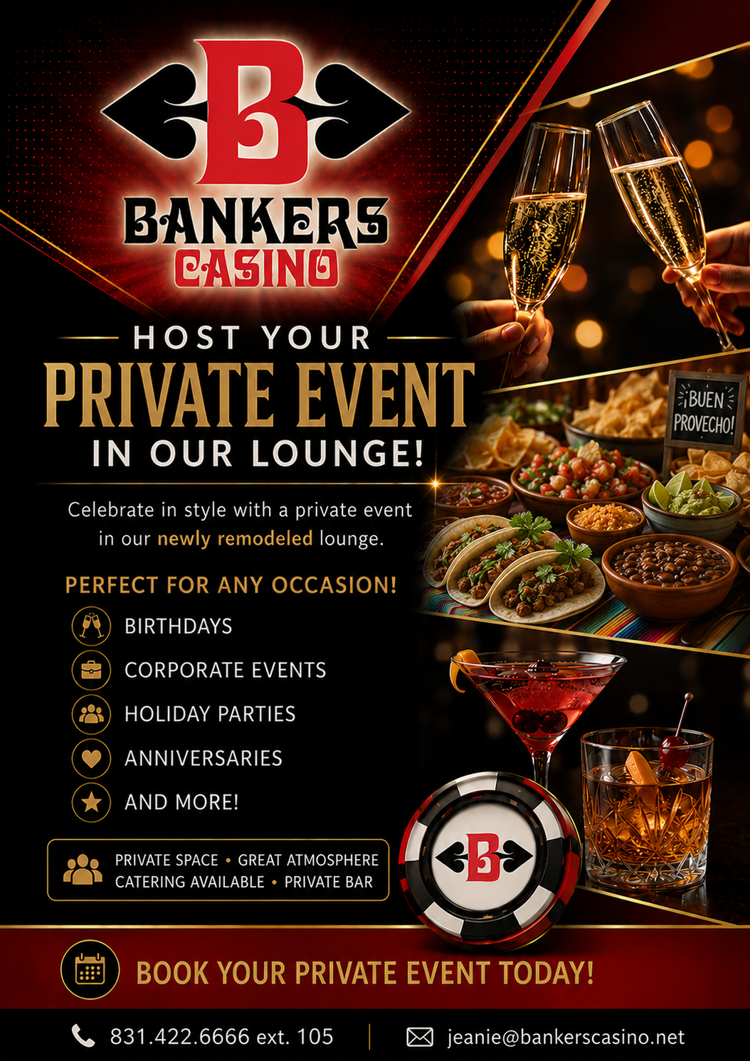 Bankers Casino ad: host private events in a gold-and-black lounge with food, drinks, and casino decor