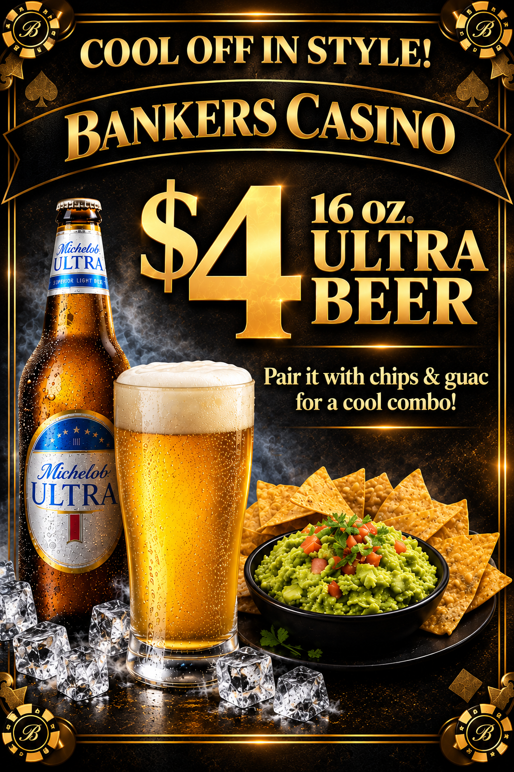 Bankers Casino ad for $3 Ultra beer with chips and guacamole on a dark background