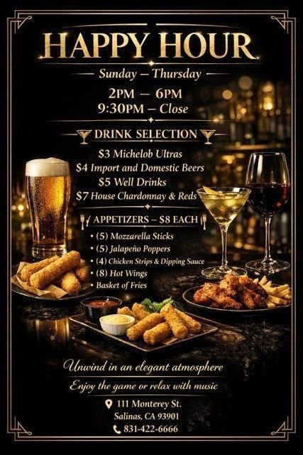 Happy Hour flyer with drink specials, appetizers, and gold text on a dark background