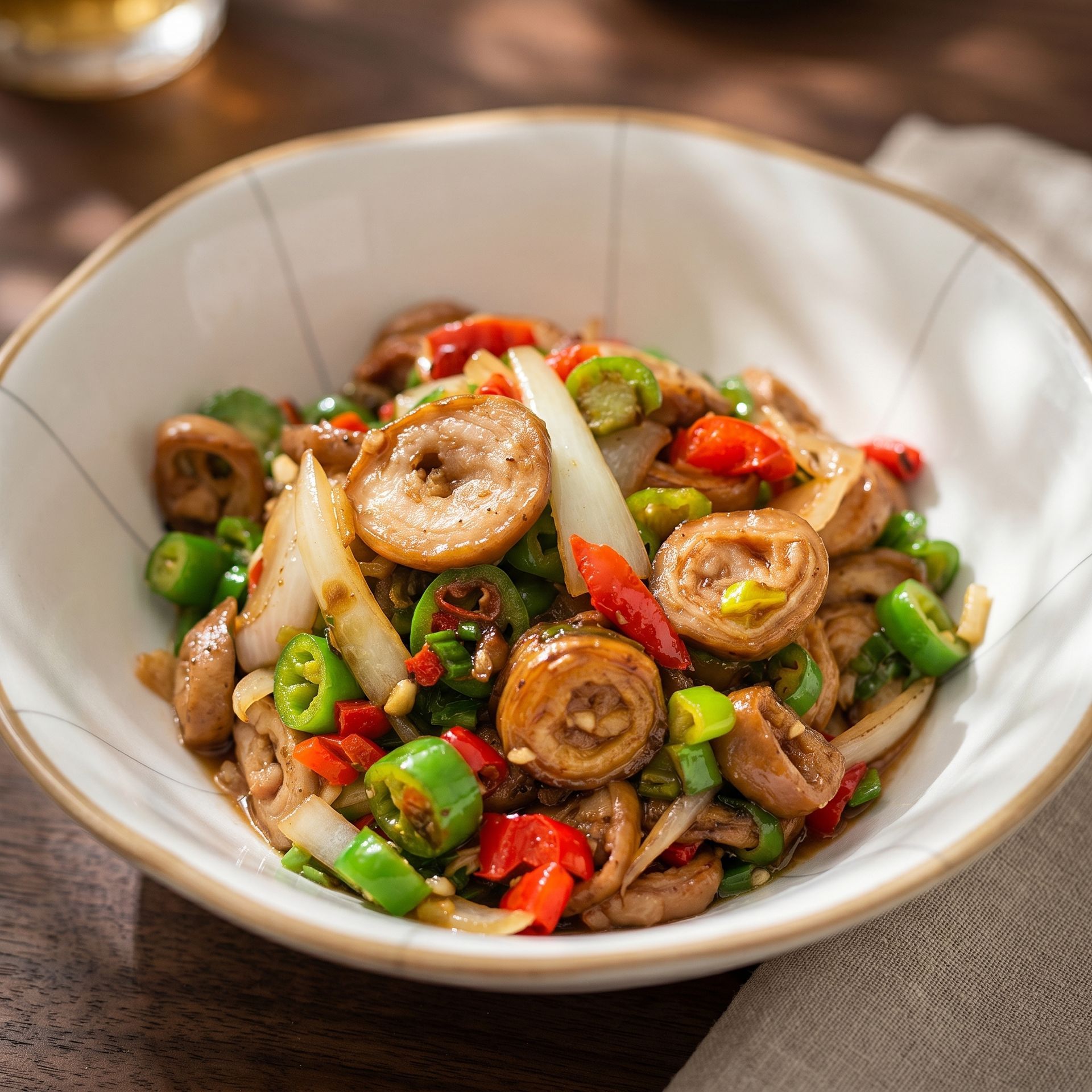 Bowl of stir-fried noodles with mushrooms, peppers, and green onions on a wooden table