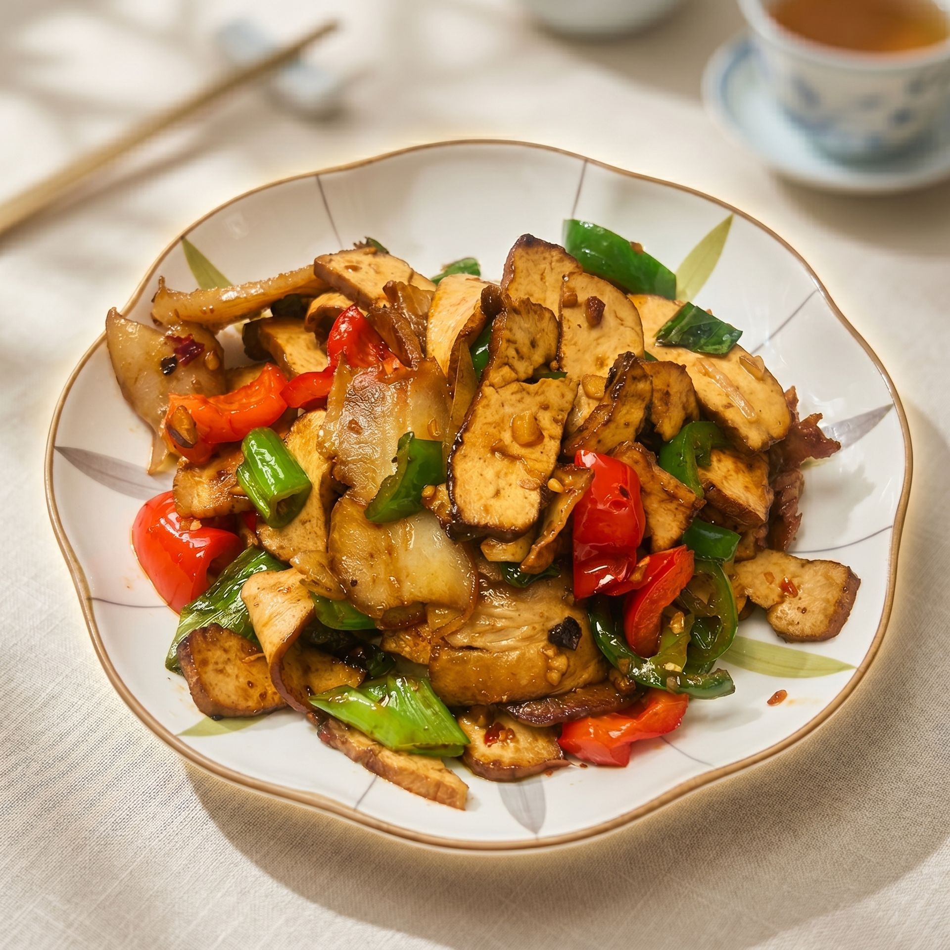 Plate of stir-fried chicken with green and red peppers on a white table, with tea in the background
