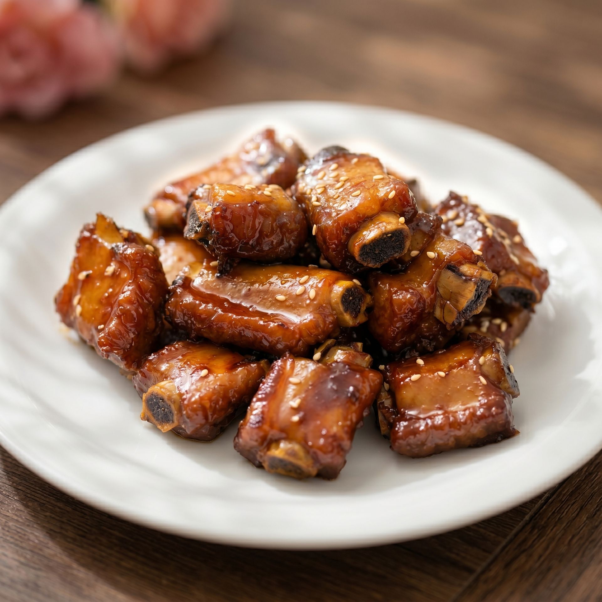 Plate of glossy glazed pork ribs on a white dish