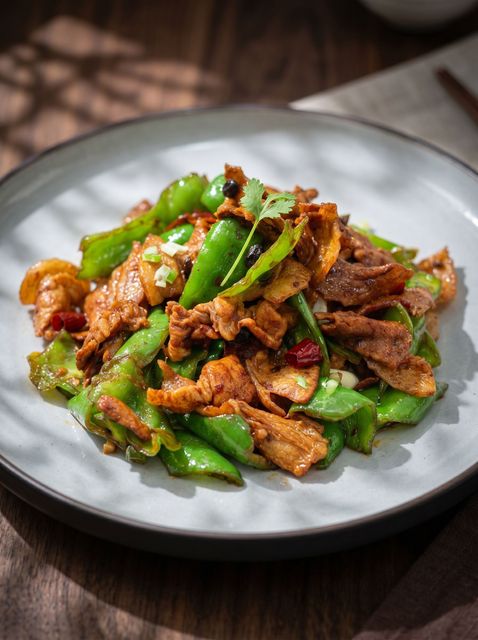 Stir-fried meat and green peppers on a white plate on a wooden table