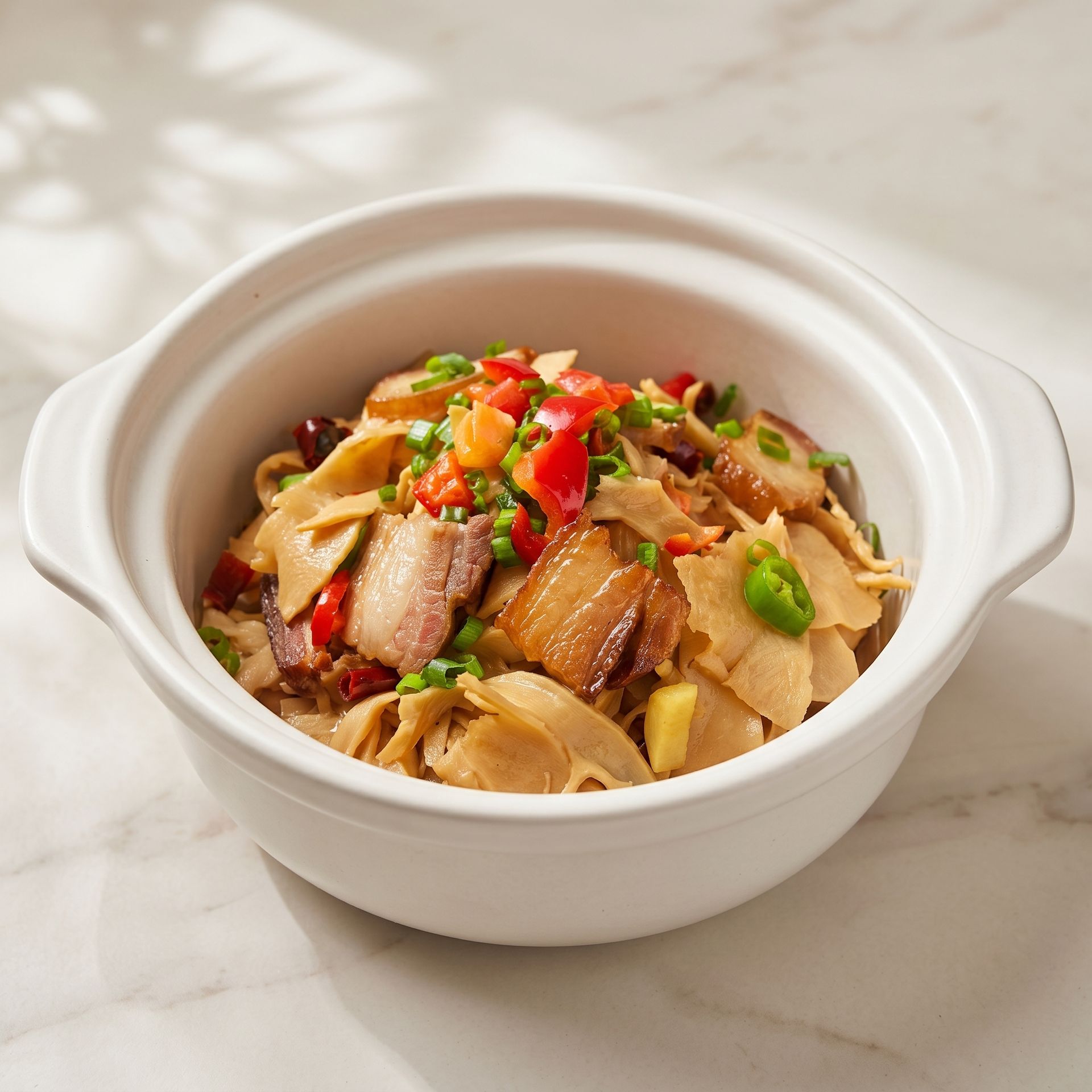 Bowl of mixed noodles topped with vegetables and sliced meat on a light marble surface