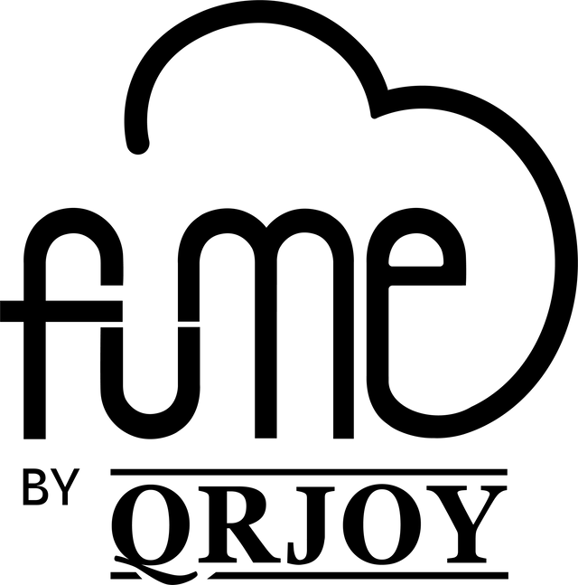 Logo for Fume by QRJOY, black text with cloud design element.