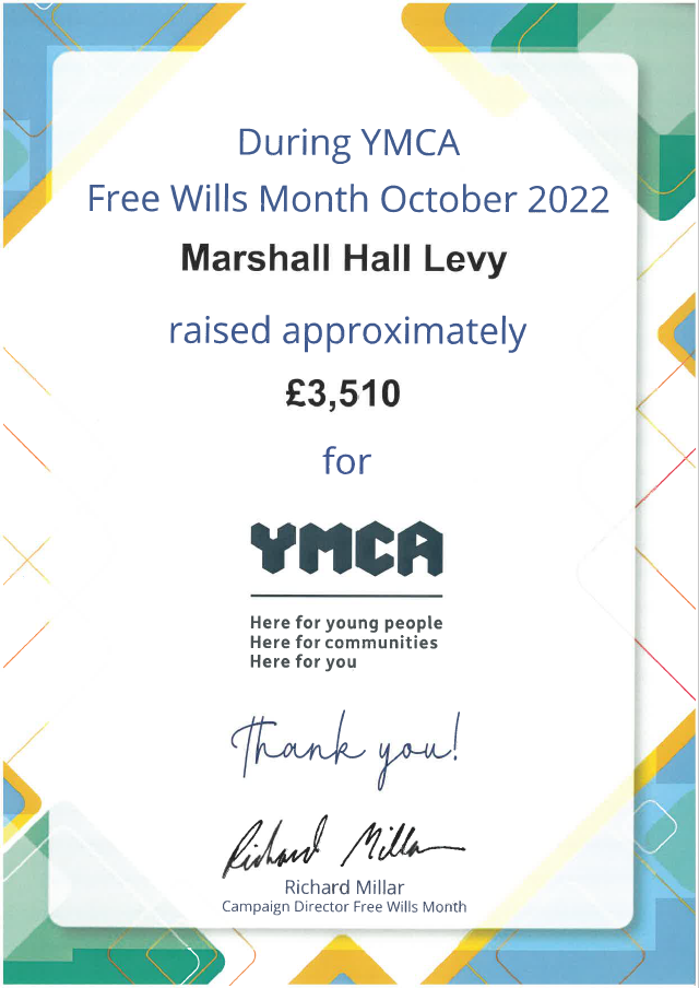 Certificate from YMCA, stating Marshall Hall Levy raised approximately £3,510 during Free Wills Month 2022.