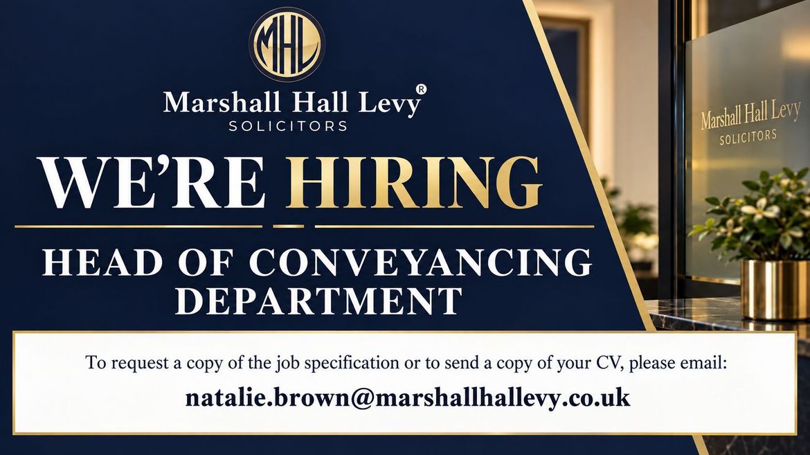 Marshall Hall Levy hiring poster with dark blue and cream design, stating “We’re Hiring” for a head of conveyancing solicitor.