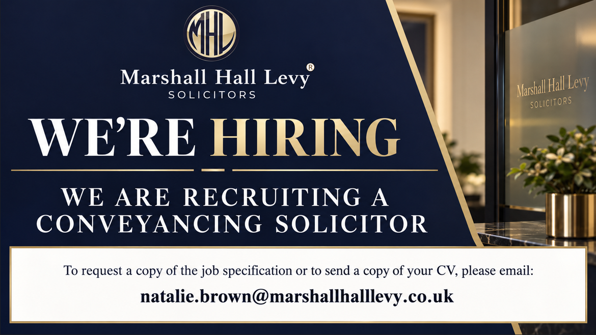 Marshall Hall Levy hiring poster with dark blue and cream design, stating “We’re Hiring” for a conveyancing solicitor.
