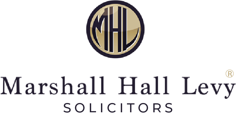 Logo of Marshall Hall Levy Solicitors; dark letters below a round logo with 
