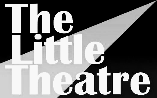Logo for The Little Theatre, white text on a black background, with a spotlight design.