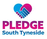 Heart-shaped logo with hands shaking, above the word PLEDGE and South Tyneside. Blue and purple.