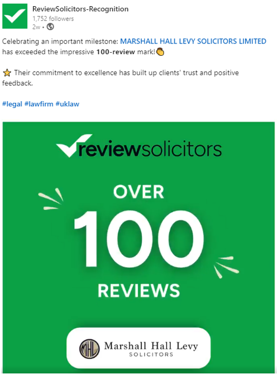 ReviewSolicitors post celebrating Marshall Hall Levy Solicitors exceeding 100 reviews, green graphic with logo and text.