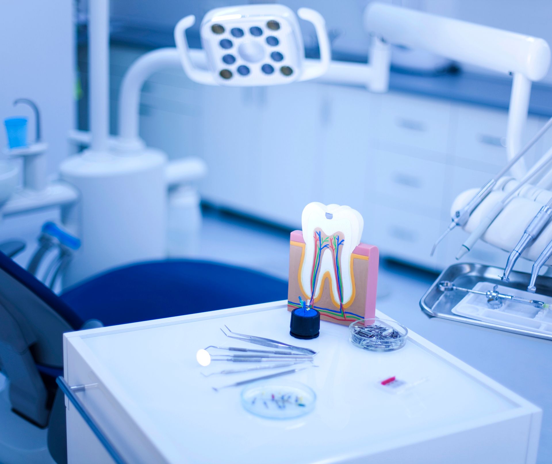 Un dentista con i guanti blu usa uno strumento metallico per esaminare i denti di una persona che porta l'apparecchio ortodontico.