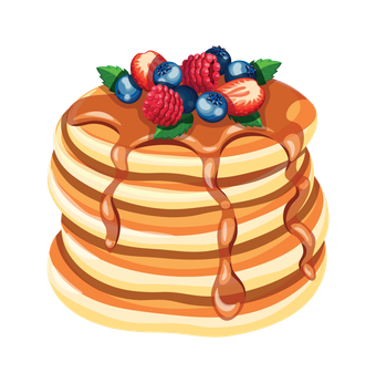 A stack of pancakes with syrup and berries on top.
