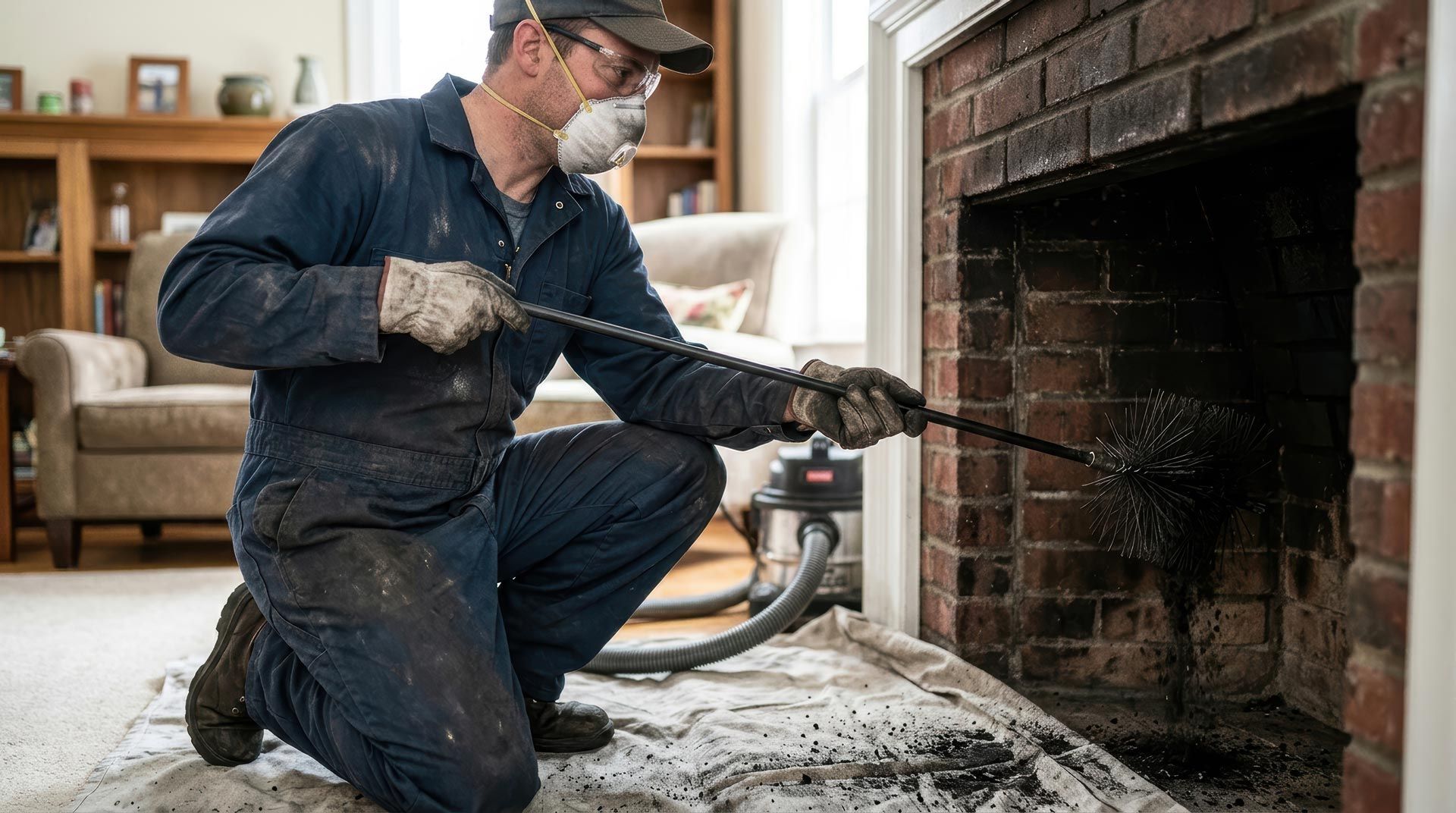 Technician in coveralls and mask cleans a brick fireplace flue using a chimney brush and a vacuum.