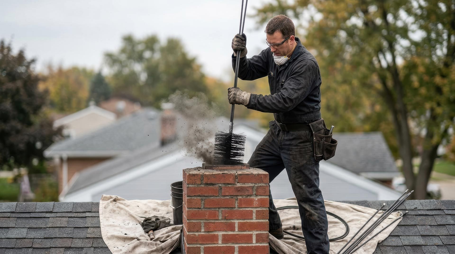 Chimney sweep man in work uniform cleaning chimney on building roof. Chimney sweep man in work uniform cleaning chimney on building roof.