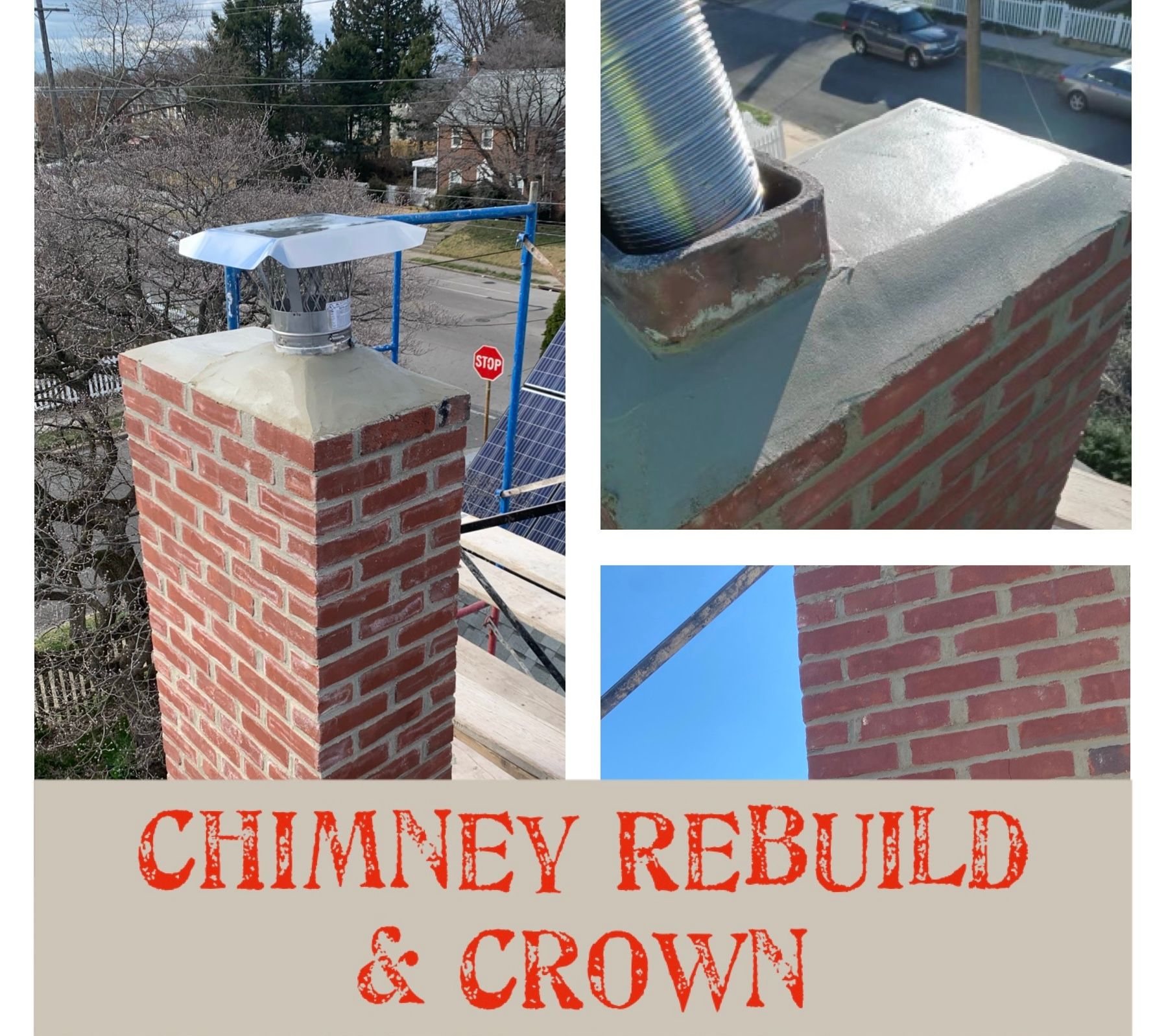 Brick chimney rebuild and crown with close-up details of crown and chimney stack.