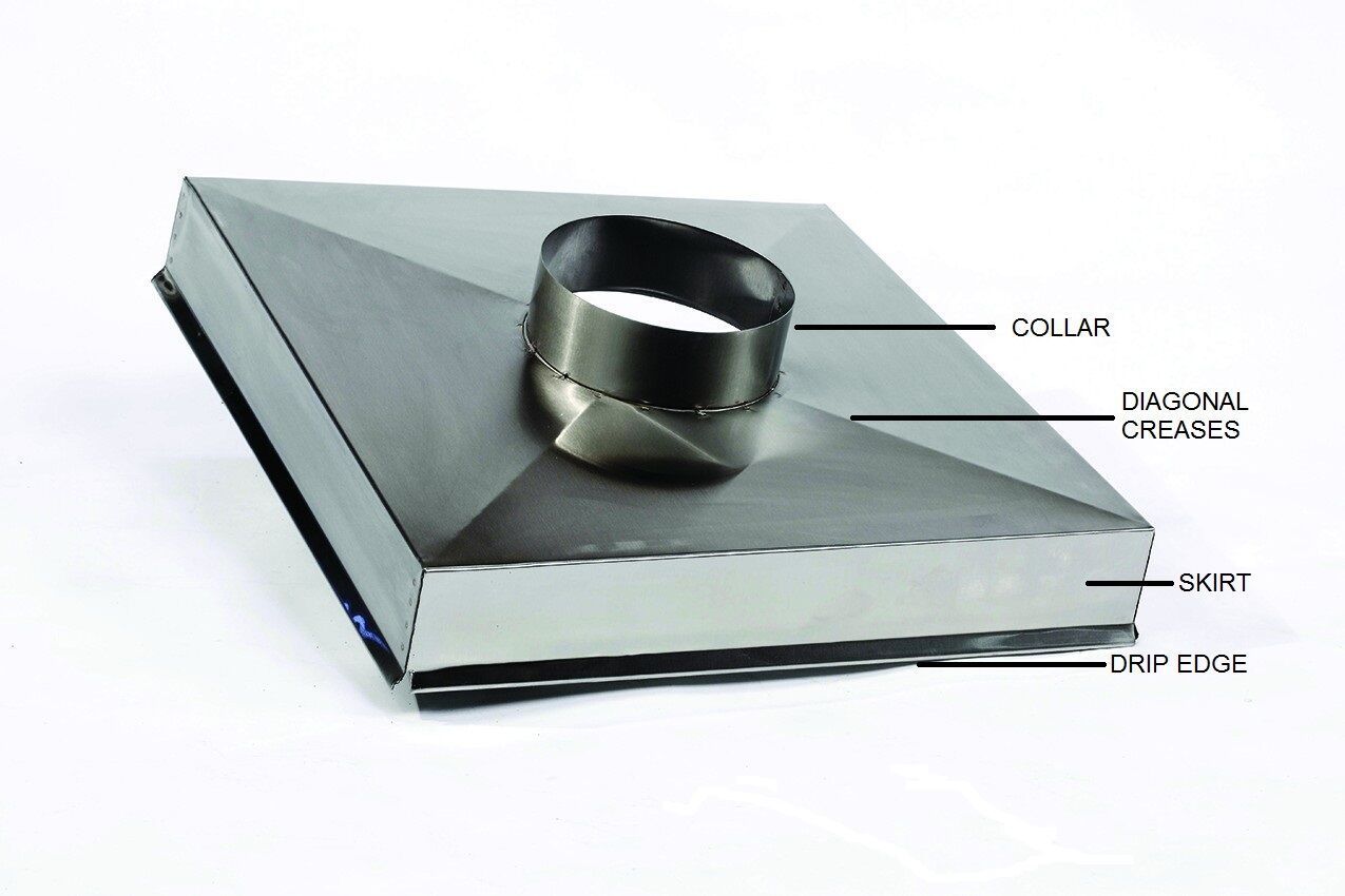 Square metal vent cap with a collar, diagonal cuts, and a skirt.