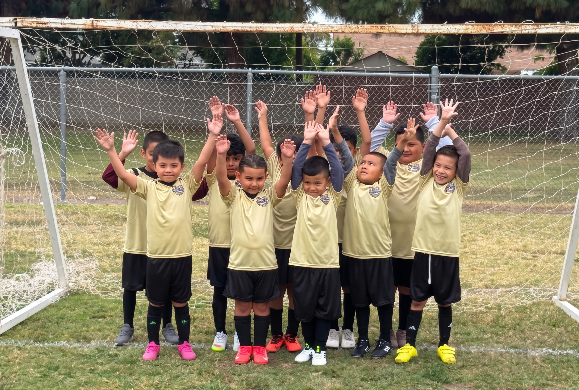 Children in yellow jerseys pose with arms raised in front of a soccer goal on a grassy field