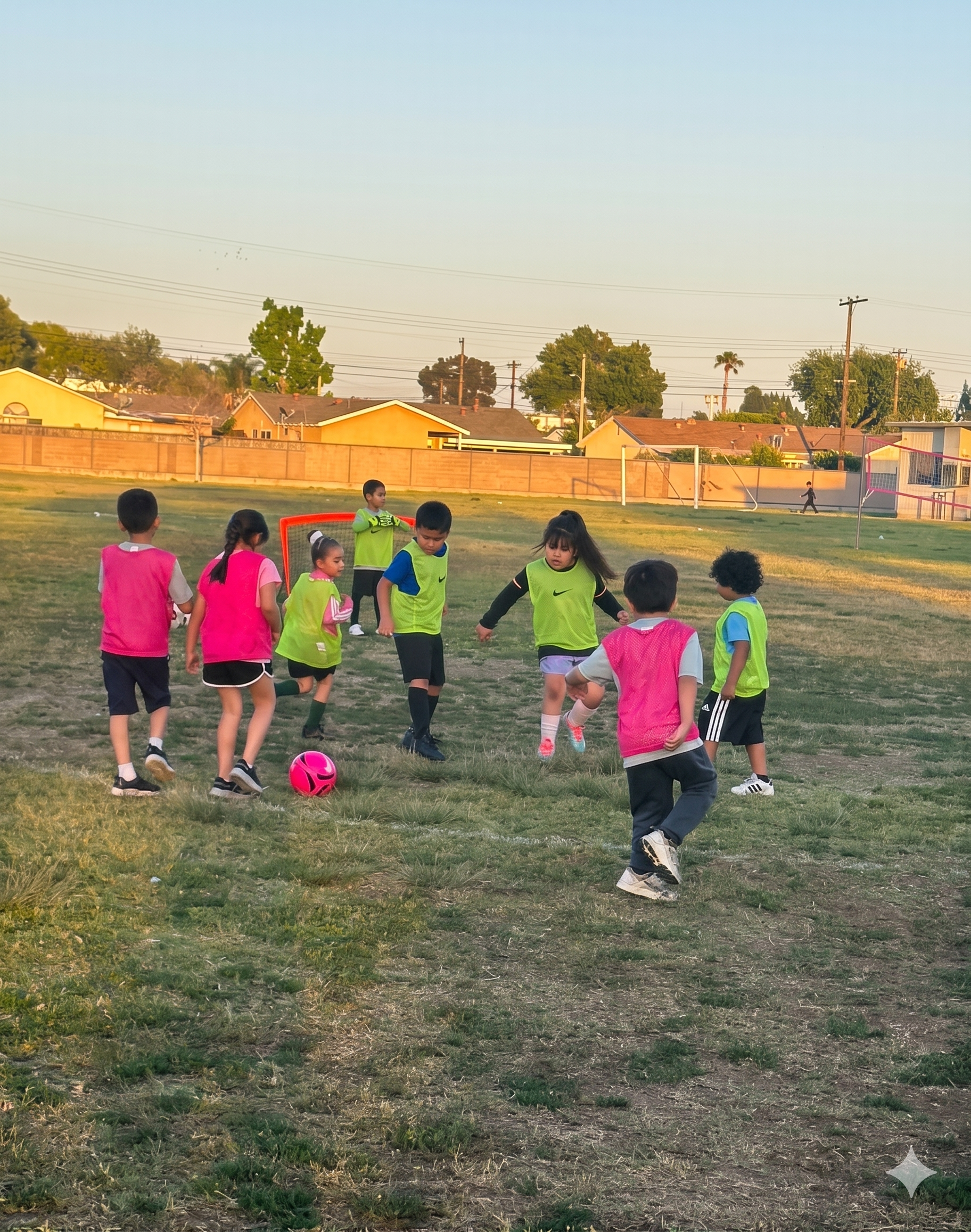 Children playing soccer on a grassy field at sunset, with pink and green pinnies and a pink ball.