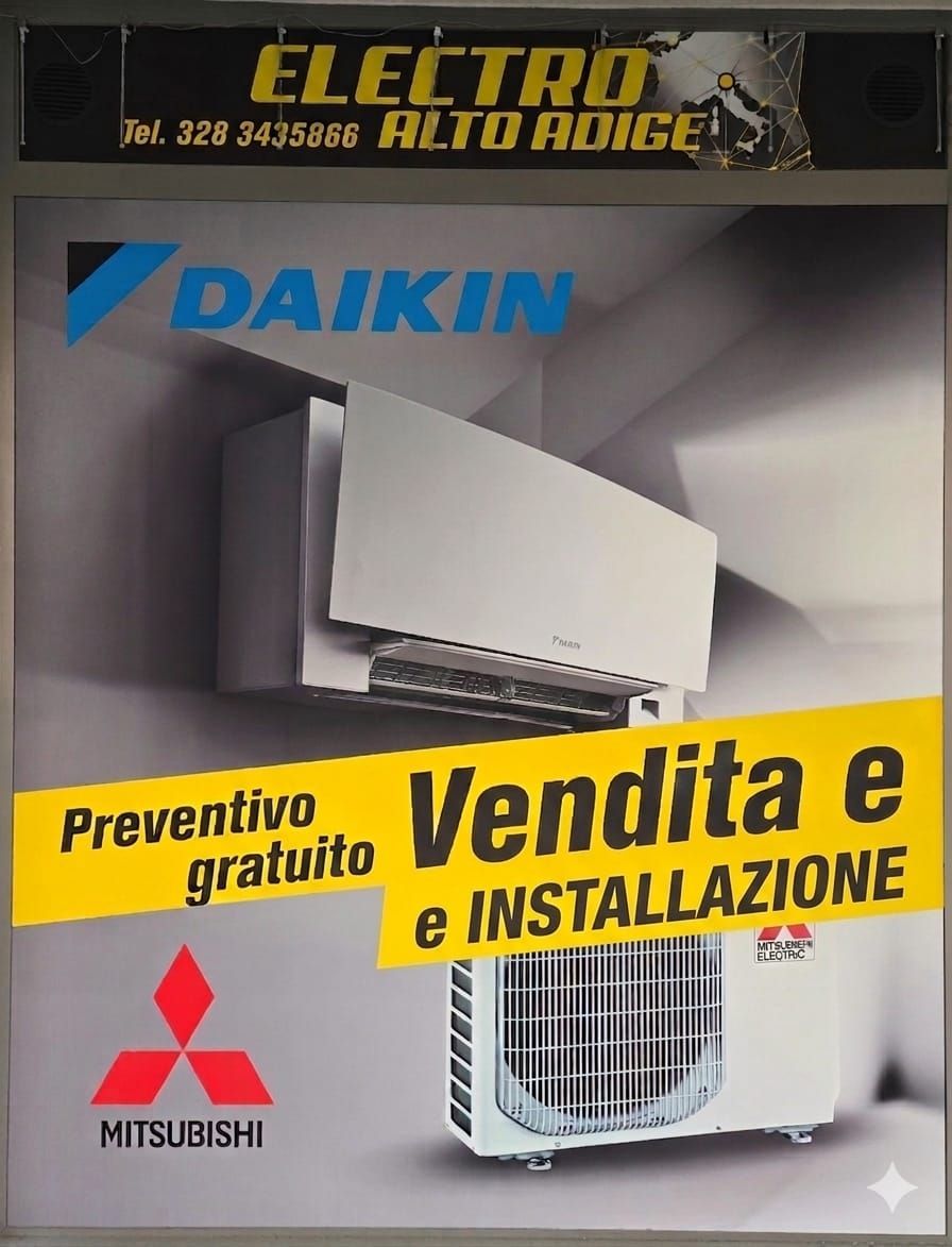 Vetrina con pubblicità per l'installazione di condizionatori d'aria e porte da garage.