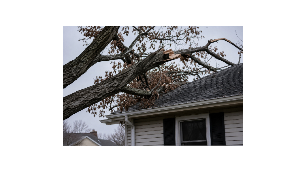 Cherry blossom branches over a traditional tiled house roof