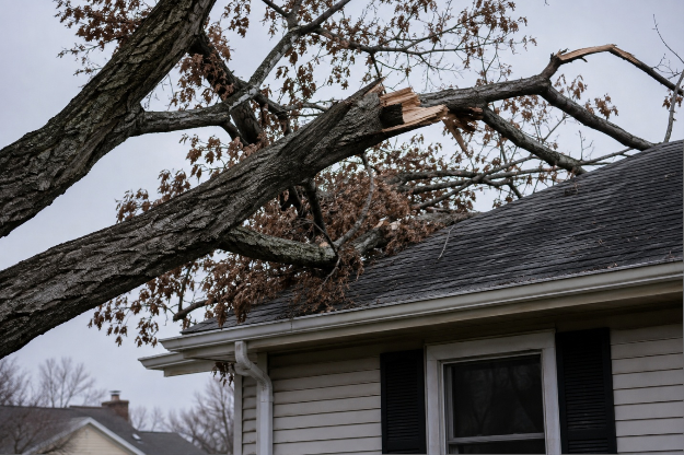 Broken tree limb resting on a house roof after storm damage