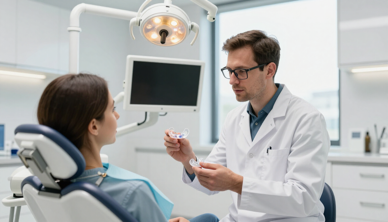 Dentista durante visita gnatologica dentista spiega il trattamento al paziente con un bite in mano