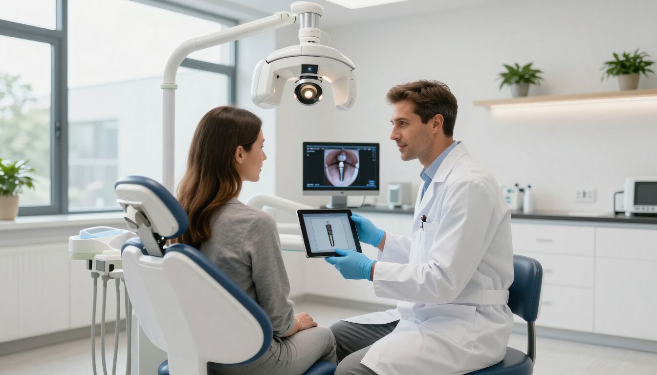 Un dentista consulta un paziente in clinica odontoiatrica per intervento di chirurgia implantare