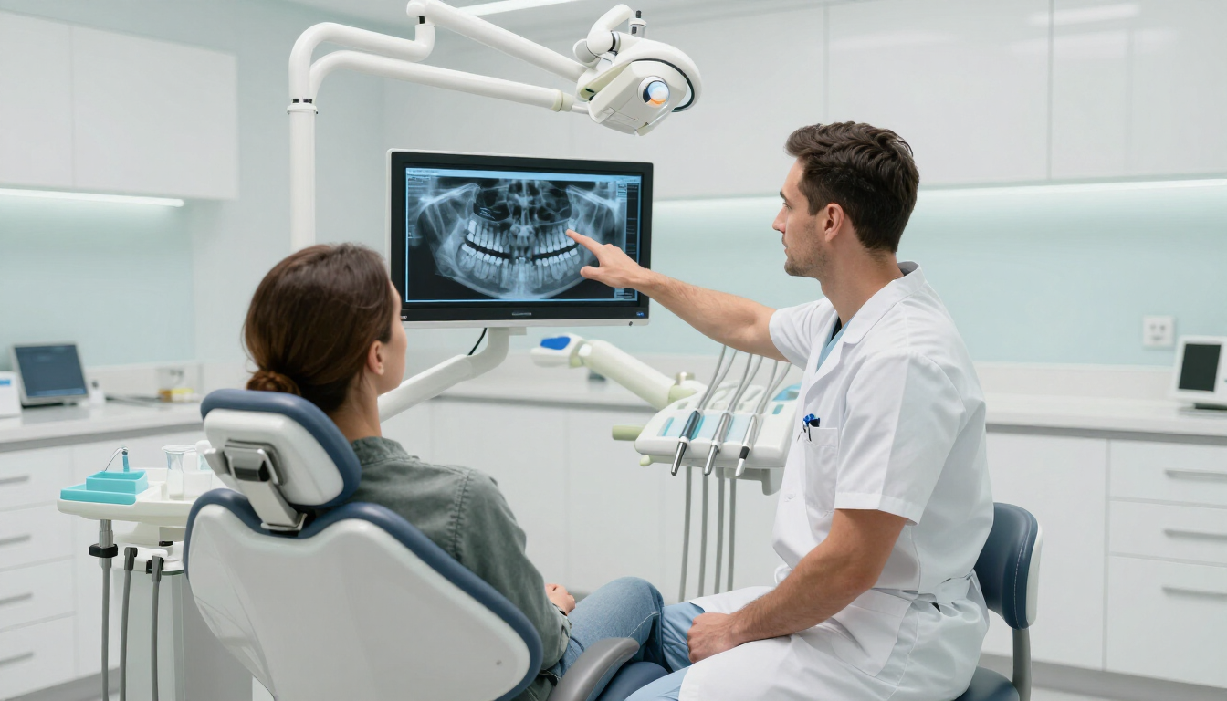 In una clinica un dentista indica un monitor che mostra delle radiografie per chirurgia orale