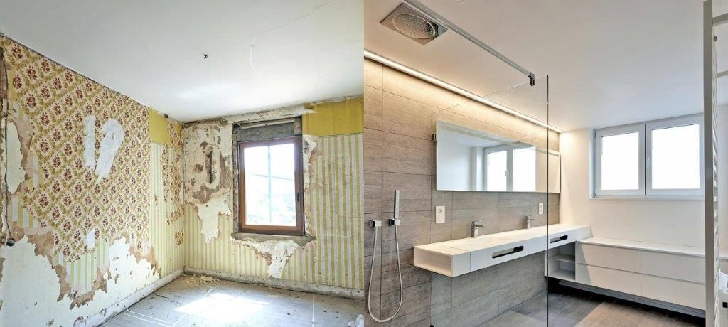 Prima e dopo la ristrutturazione: una stanza con carta da parati scrostata e un bagno moderno.