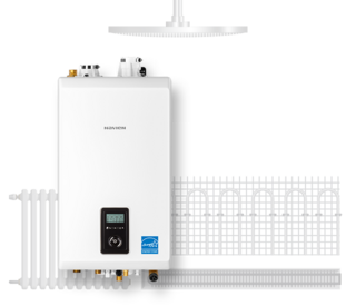A white water heater is sitting next to a radiator.